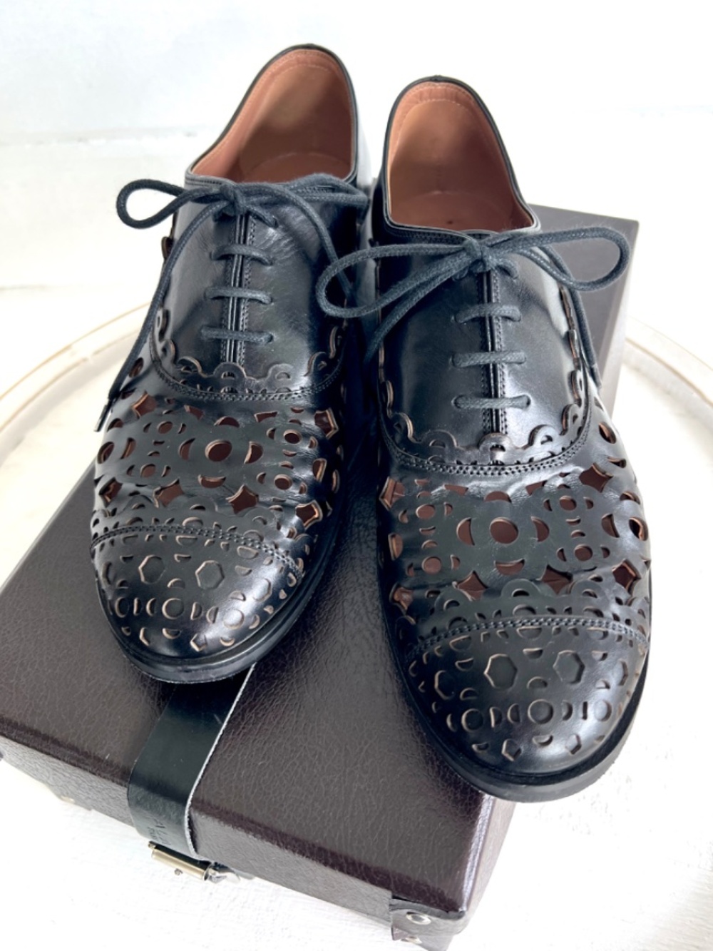 ALAIA PARIS Laser Cut Lace Up Oxfords in Black - with Dust Bags & Box - 39 1/2